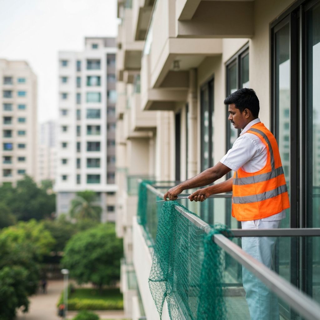 Technician installing anti bird net on residential balcony