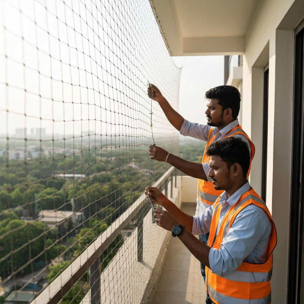 Bird net installation team at work on apartment balcony