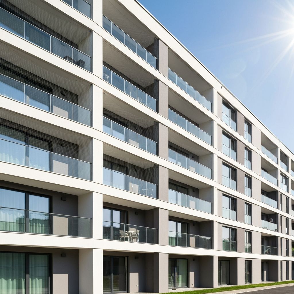 Apartment building with pigeon safety nets on multiple balconies