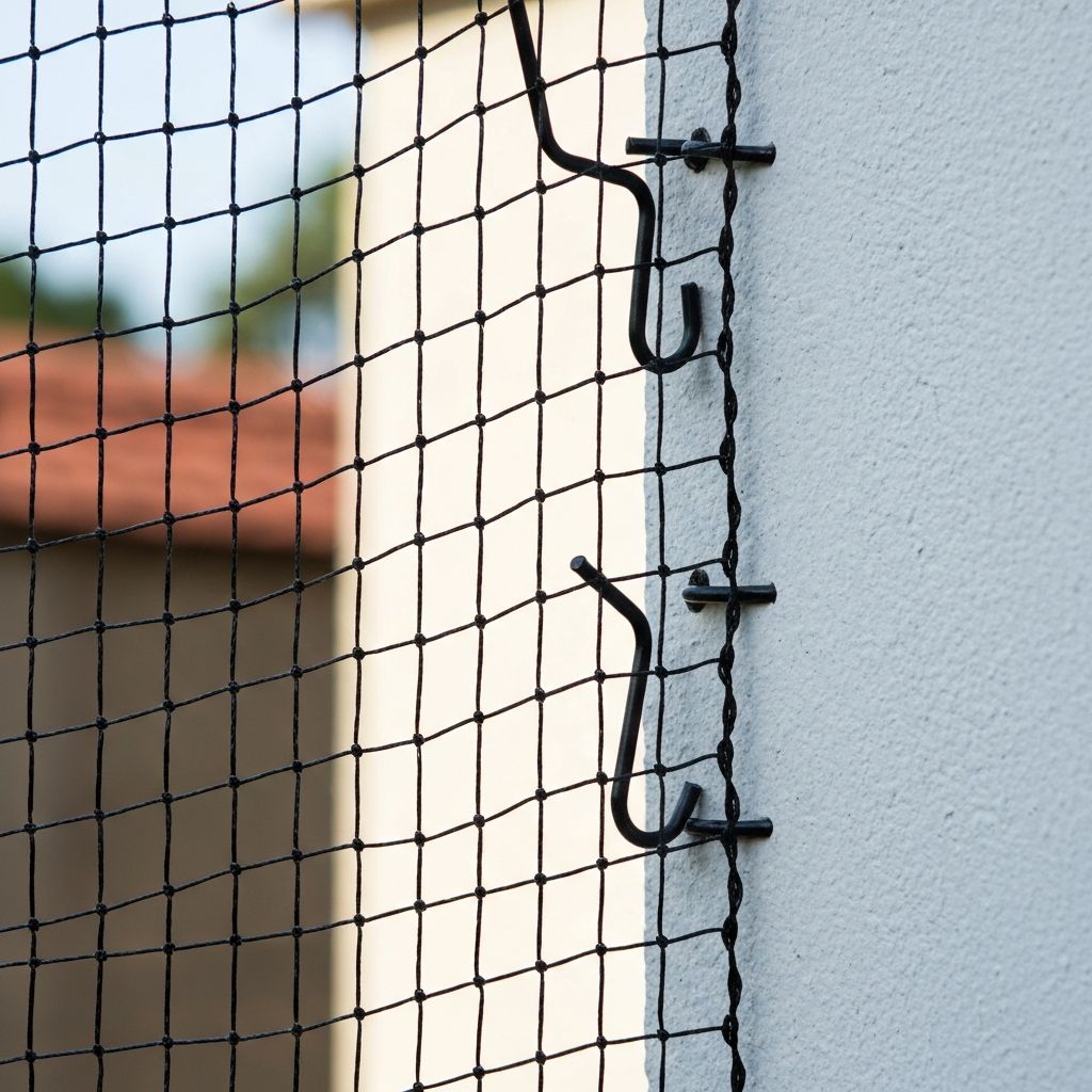 Close-up of high quality anti bird netting mesh with metal hooks
