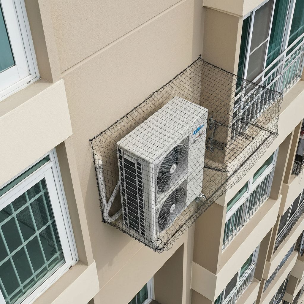 AC outdoor unit covered with bird net