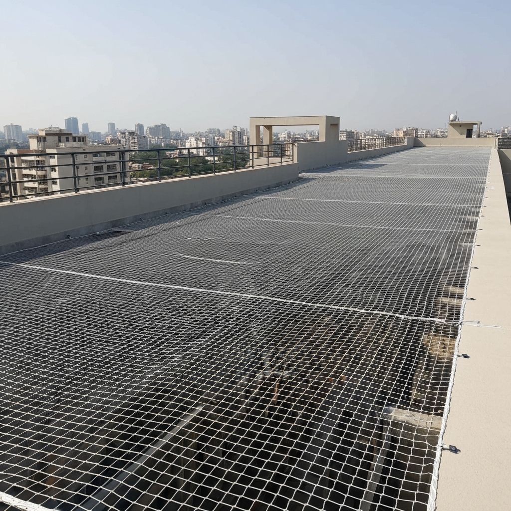 Large terrace area with bird protection net